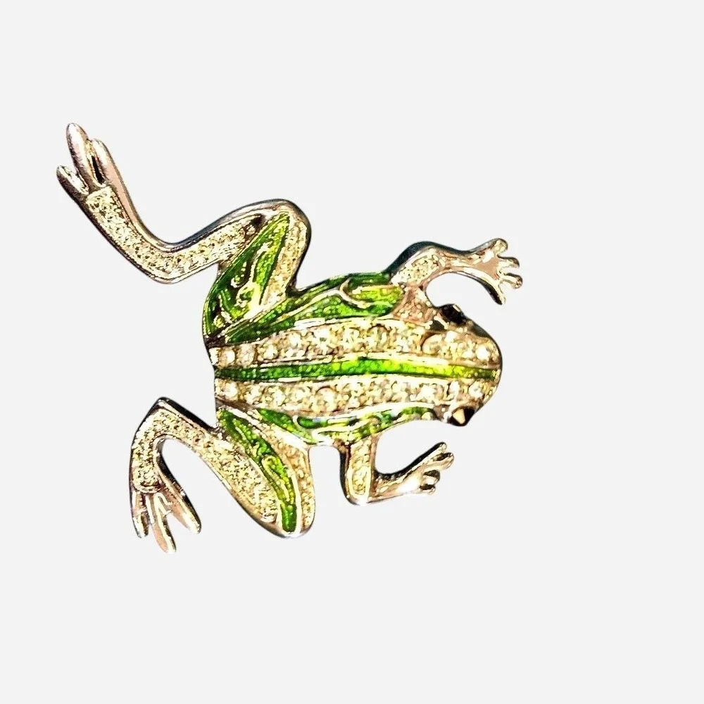 Green Frog Brooch With Silver And Rhinestone Accents